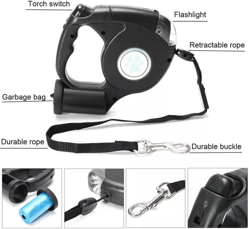 TriLine Dog Retractable Lead 5M, Dogs Walking Leash with LED Flashlight
