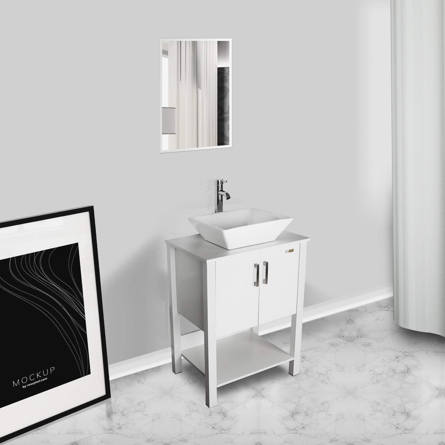 Review Product eclife 24” Bathroom Vanity Sink Combo White Cabinet Modern Stand Pedestal W/Square White Ceramic Vessel Sink, Chrome Bathroom Solid Brass Faucet and Pop Up Drain Combo, with Mirror (A07B12W)