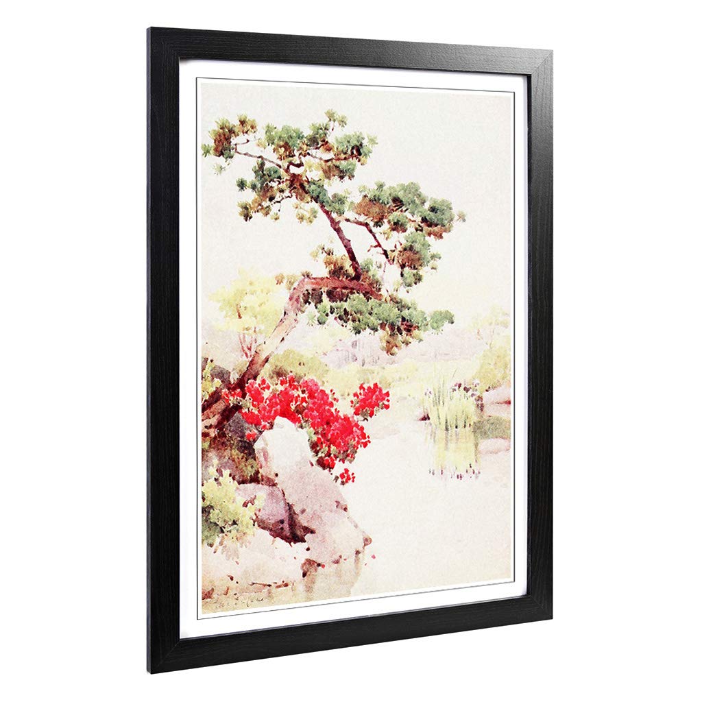 Big Box Art Framed Print of Ella Du Cane Japanese Oriental Azalea & Pine-Tree n 1908 Design | Wall Art Picture| Home Decor for Living Room, Bedroom, Office, Black, A2 / 24.5x18 Inch / 62x45cm