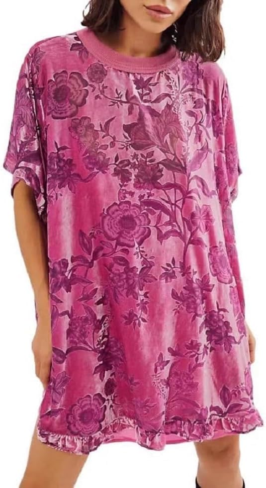 Women’s Vintage Velvet Dress Floral Print Short Sleeve Mini Flowy Dress Round Neck Boho Short Dress