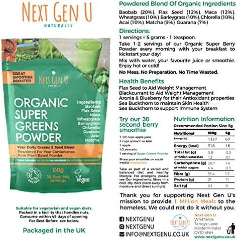 NGU Super Greens Powder 150g, Clean Detox Superfood Featured in The Vegan Magazine, Antioxidant Immune Support Supplement to Get Daily Energy Boost w/ Vitamin C, Vitamin A, Calcium & Potassium