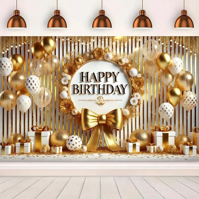 Image of DARSHANAM WORLD Birthday Decoration Backdrop Cloth Curtain (Pack of 1, Size: 5x8 Feet) Background Enhancer Poster,Happy Birthday Sign Theme-(Polyester). (Gold)