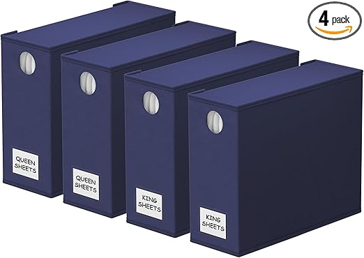 SpaceAid 4 Pack Bed Sheet Organizers and Storage, Foldable Sheet Organizer for Linen Closet, Sheets Set Folder Keeper with Window XL (Queen & King Size) Bedding Container (Navy Blue, 4 Pack)
