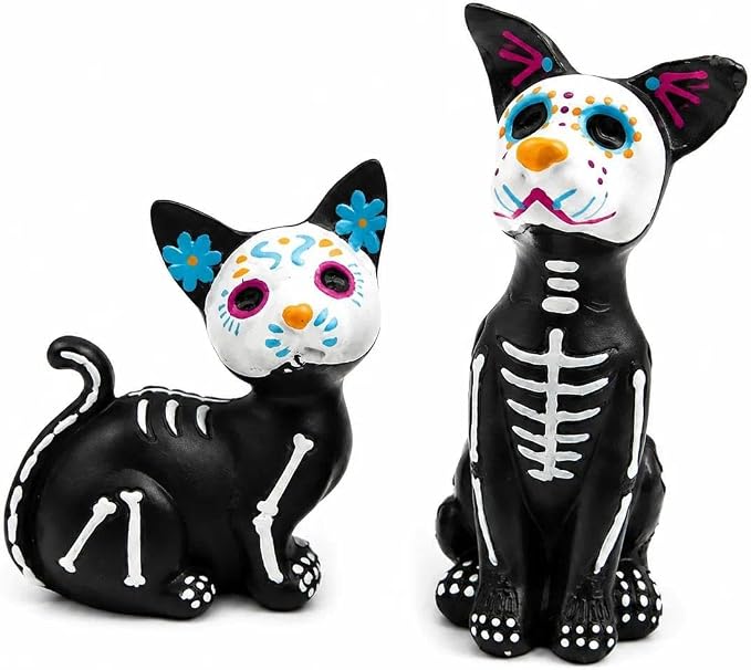 Day of the Dead Cat Dog Figurines, Skeleton Pet Statues Set for Halloween