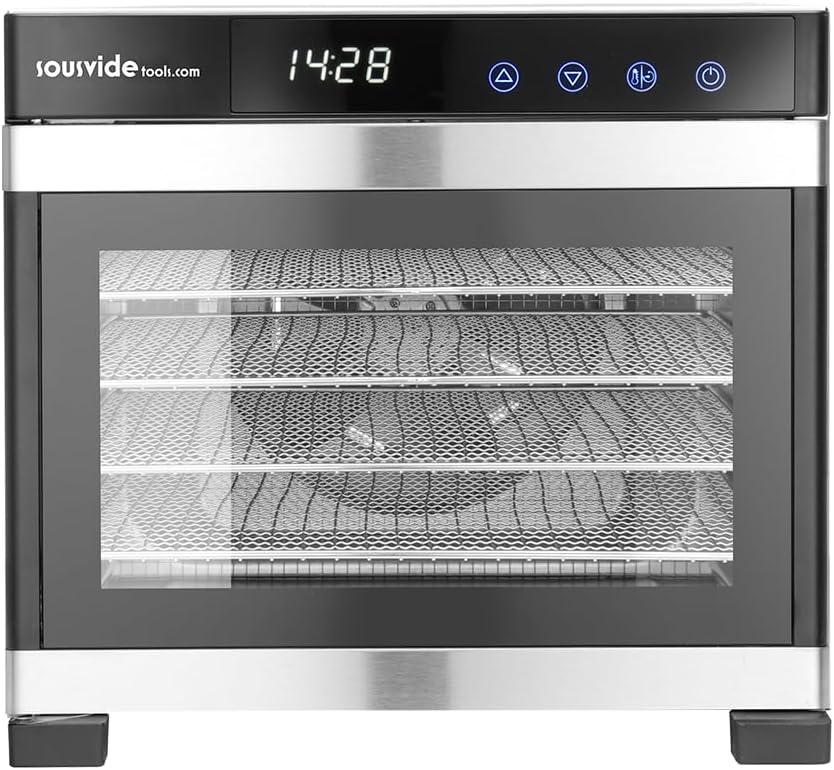 SousVideTools Dehydrator with door open, showing empty stainless steel racks.