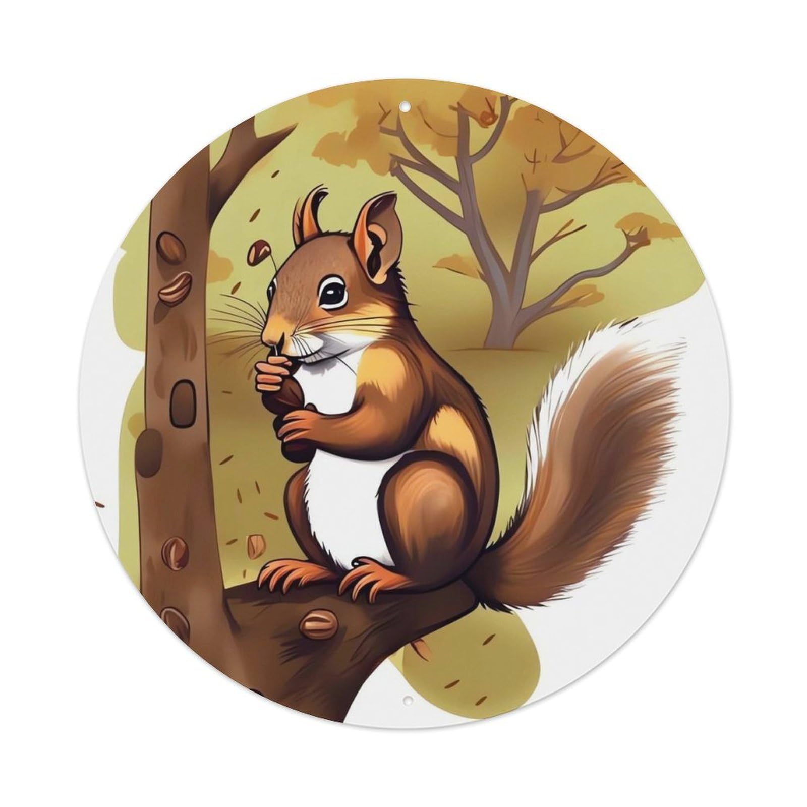 LZQPOEAS Nut-eating Squirrel Round Aluminum Wall Art Sign, Metal Indoor Wall Decor with Holes, Durable Circular Aluminum Plaque for Home, Bar, Cafe, Living Room, And Office Decoration