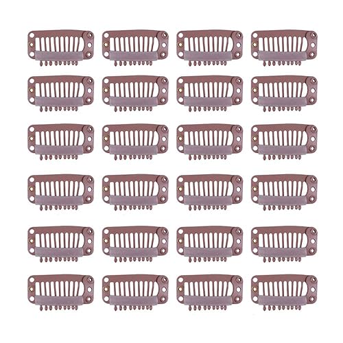 YANTAISIYU 24 unidslote 1.260 in 9-dientes Metal Hair Clip con goma Snap Clips para peluca Accesorios Clips (marrón claro)