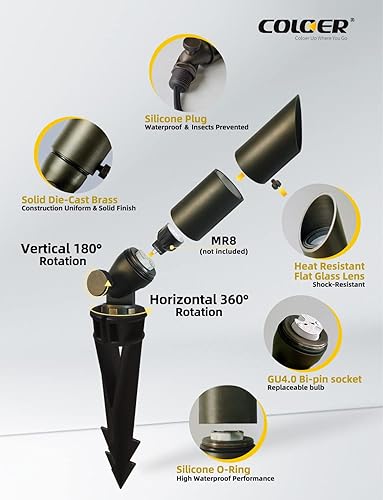 Miniatura 62 de COLOER Focos de paisaje de latón fundido a presión para exteriores con carcasa de aluminio de 5 W, bombilla LED MR16 de 2700 K, 450 lúmenes, Bronce