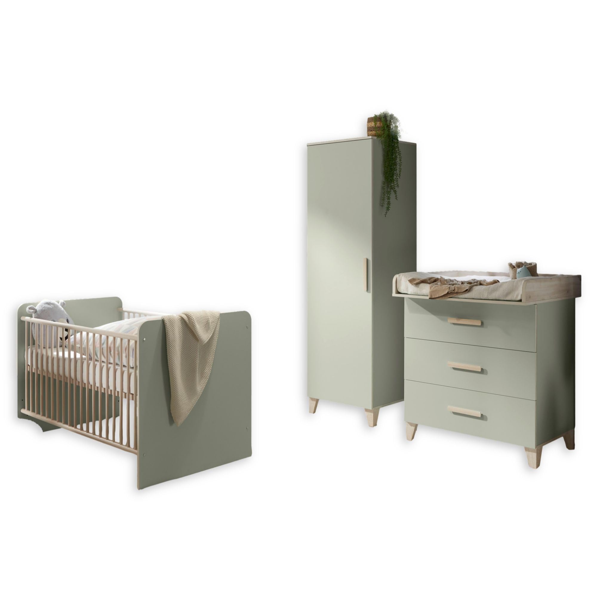 Stella Trading Prizzi Complet Aspect Ensemble de Meubles pour Chambre 3 pièces composé d'une Armoire, d'un lit de bébé et d'une Commode à Langer, Bois, Vert Pastel/Aurum, Komplett-Set