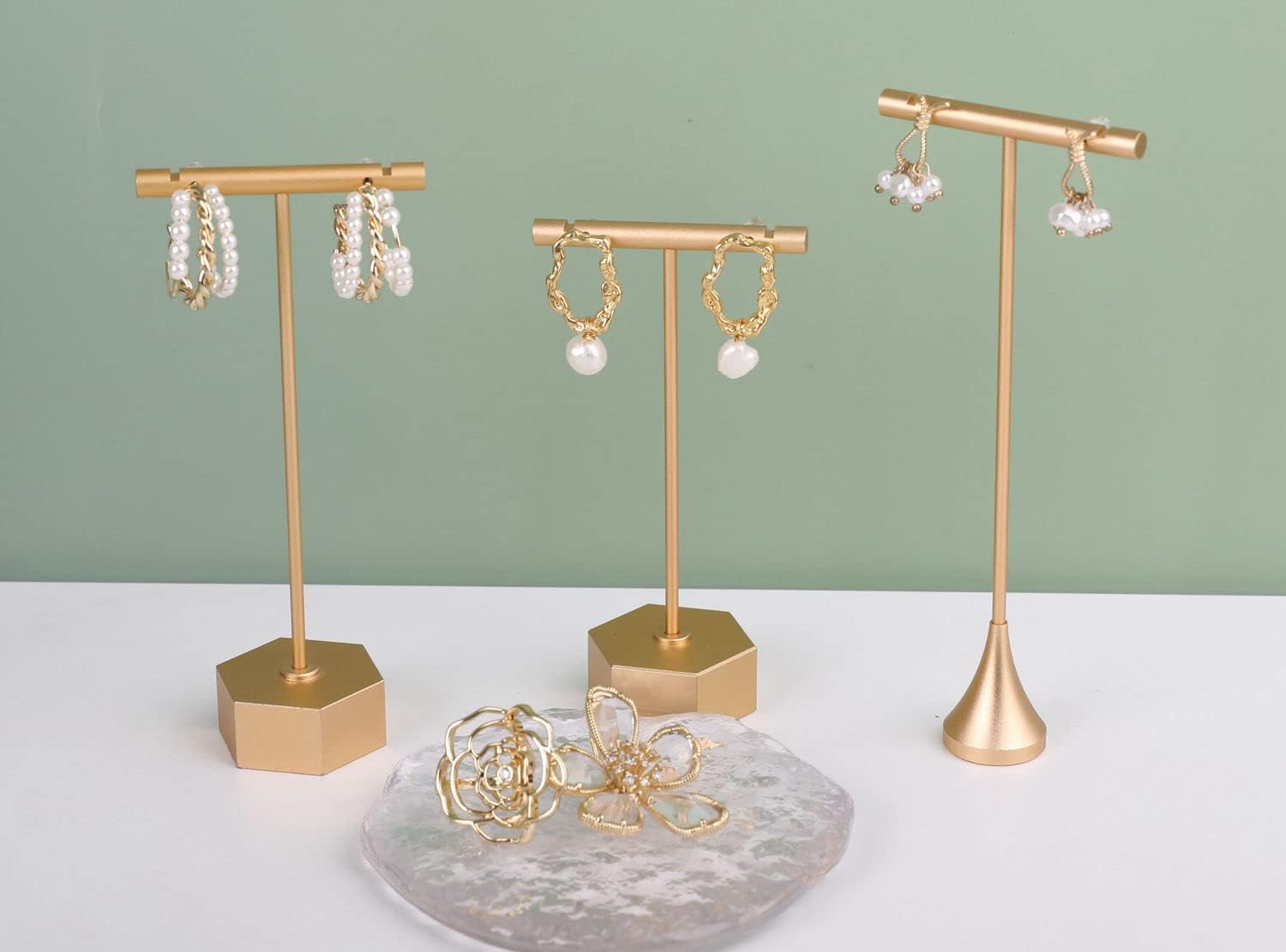 GemeShou Gold Metal 2pcs T Bar Earring Retail Display Stand for show, Tabletop Jewelry Tower Holder for Girl Women【Gold-Hexagon Base 2pcs Height 4.5" and 5.3"】