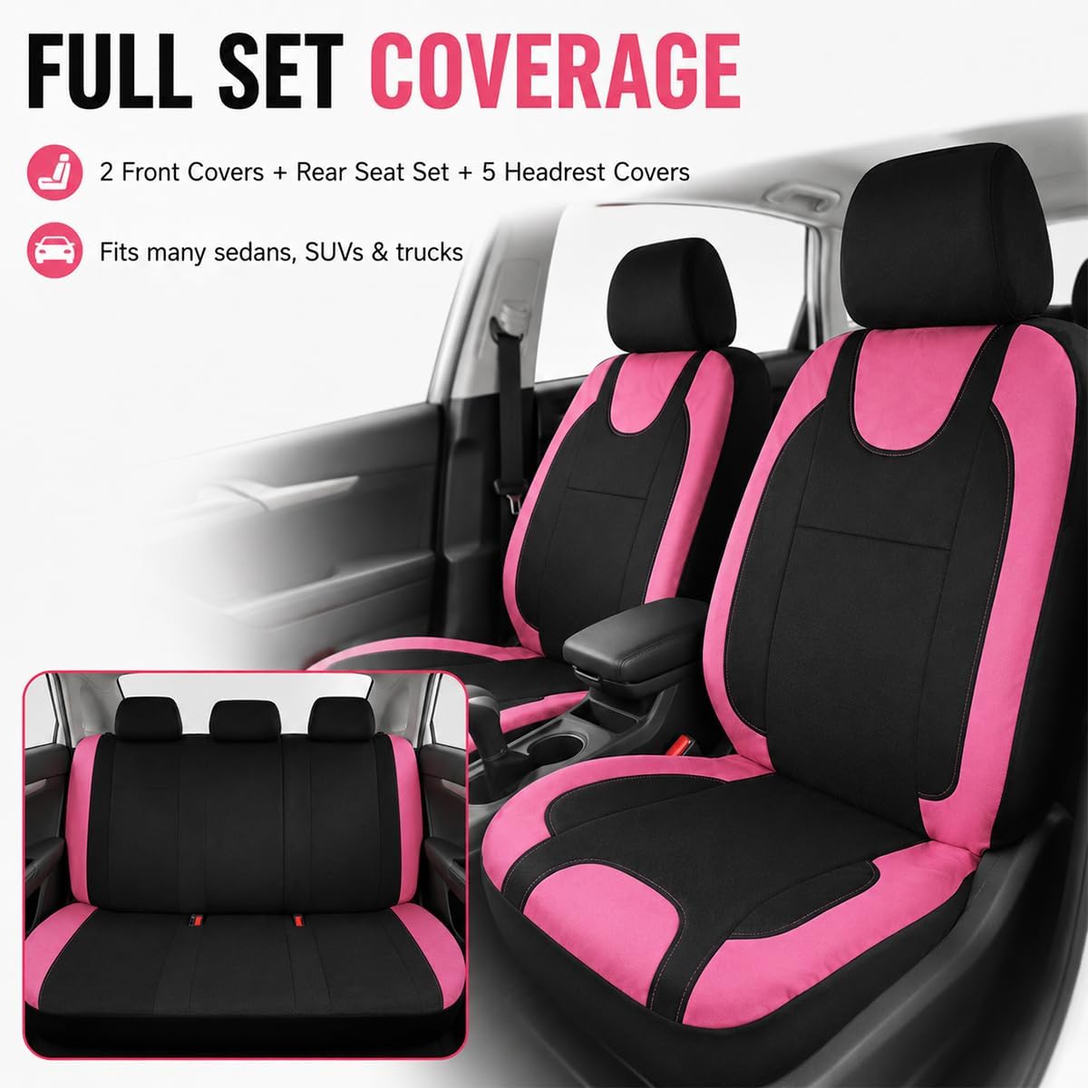 9 PCS Car Seat Covers Full Set, Front & Rear Split Bench Vehicle Seat Protectors with Headrest Covers, Washable Polyester 5-Seats Protector Universal for Sedan Truck SUV (Pink)