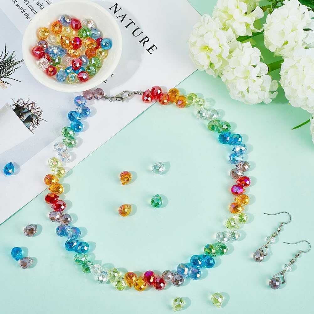 1 Box 2 Strands about 128Pcs Crystal Faceted Beads Bulk Teardrop Glass Bead 8x10mm Mixed Colors Crystal Spacer Beads for Bracelets Earrings Necklaces Wind Chimes Suncatcher Jewelry DIY Crafts