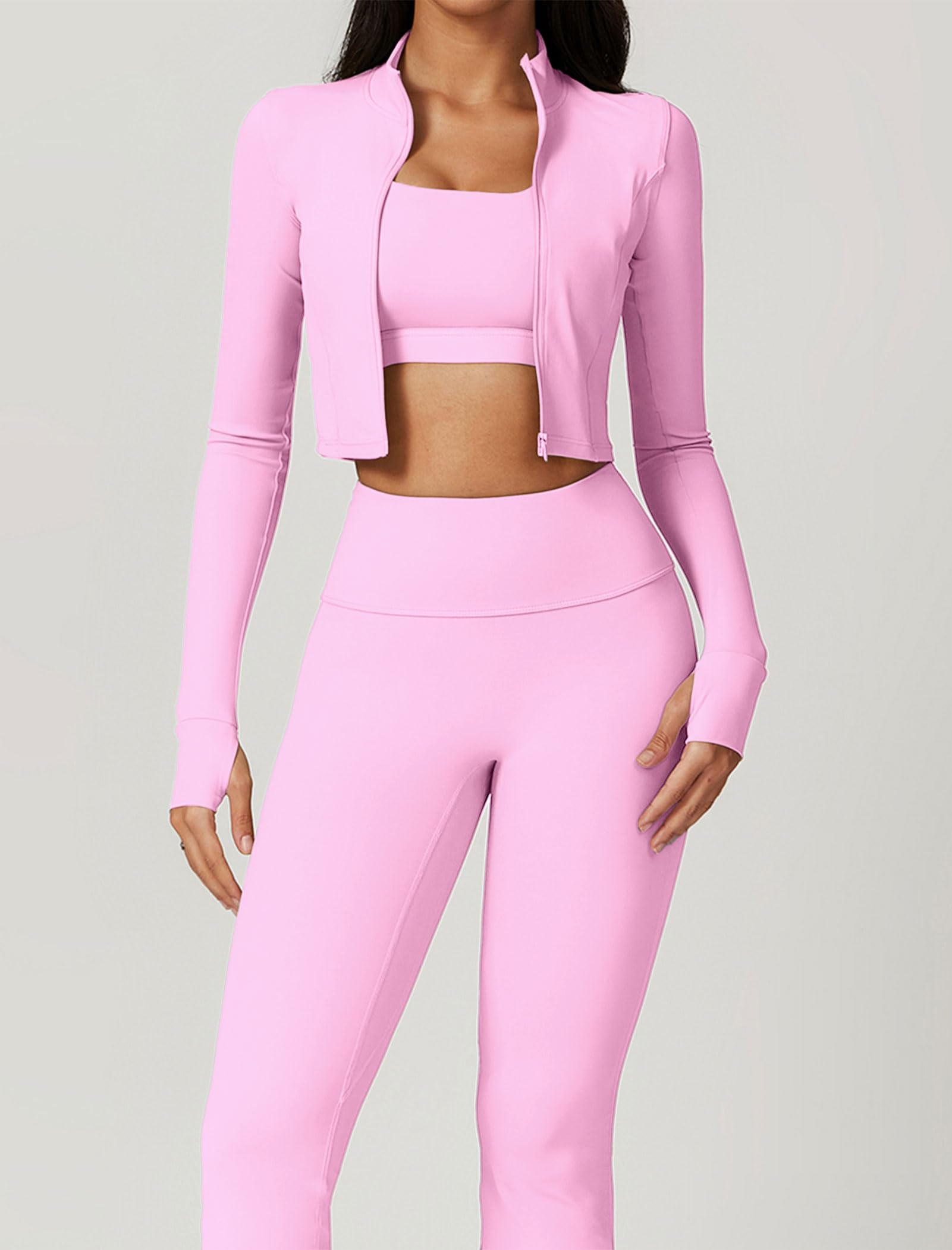 Set da allenamento da donna, 3 pezzi, giacca a maniche lunghe con cerniera, top corto, leggings da yoga a vita alta, set da palestra e atletica, Rosa, Small