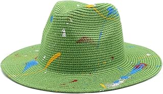 Sombrero de paja con grafiti de pintura de colores, sombrero de jazz de paja Panamá para primavera y verano