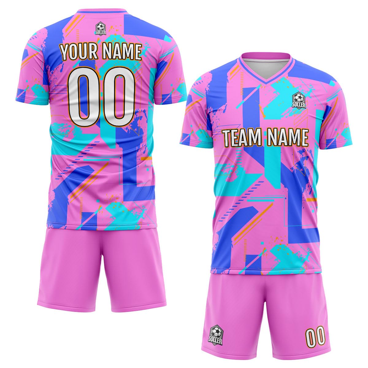 vients Custom Soccer Jersey Kids Adults Personalized Soccer T-Shirts with Team Name Number Logo (US, Alpha, Medium, Geometry Pink Blue)