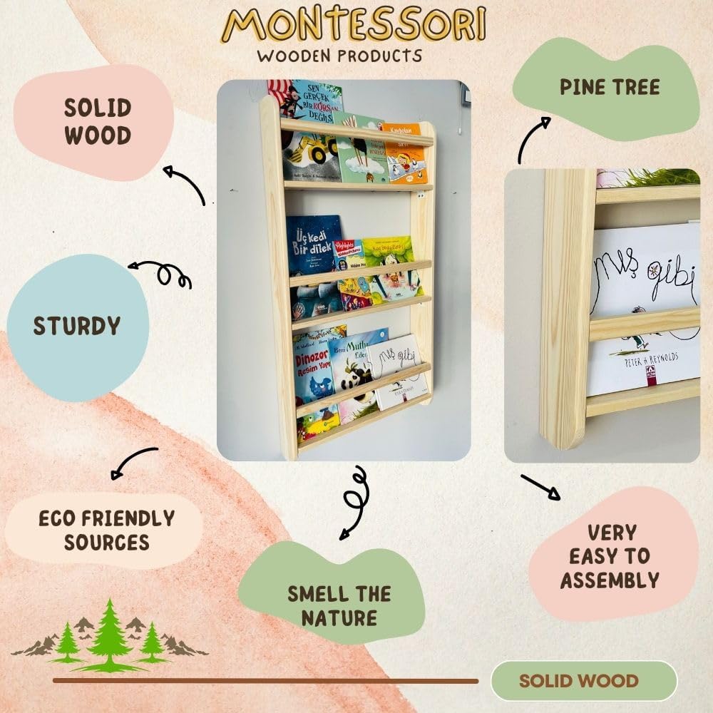 3 Tier Natural Wood Handmade Montessori Kids Bookshelf, Wall Mounted Space Saver Children for Nursery (Wide 24" Width, Natural)