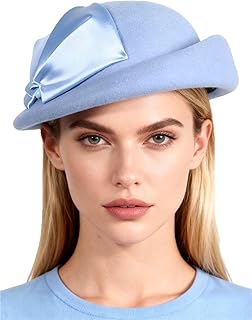 Wool Felt Beret Fascinator Hats for Women Ladies Femme Church Cocktail Tea Party Dress Formal Wedding Bead Derby Pillbox Hat Light Blue