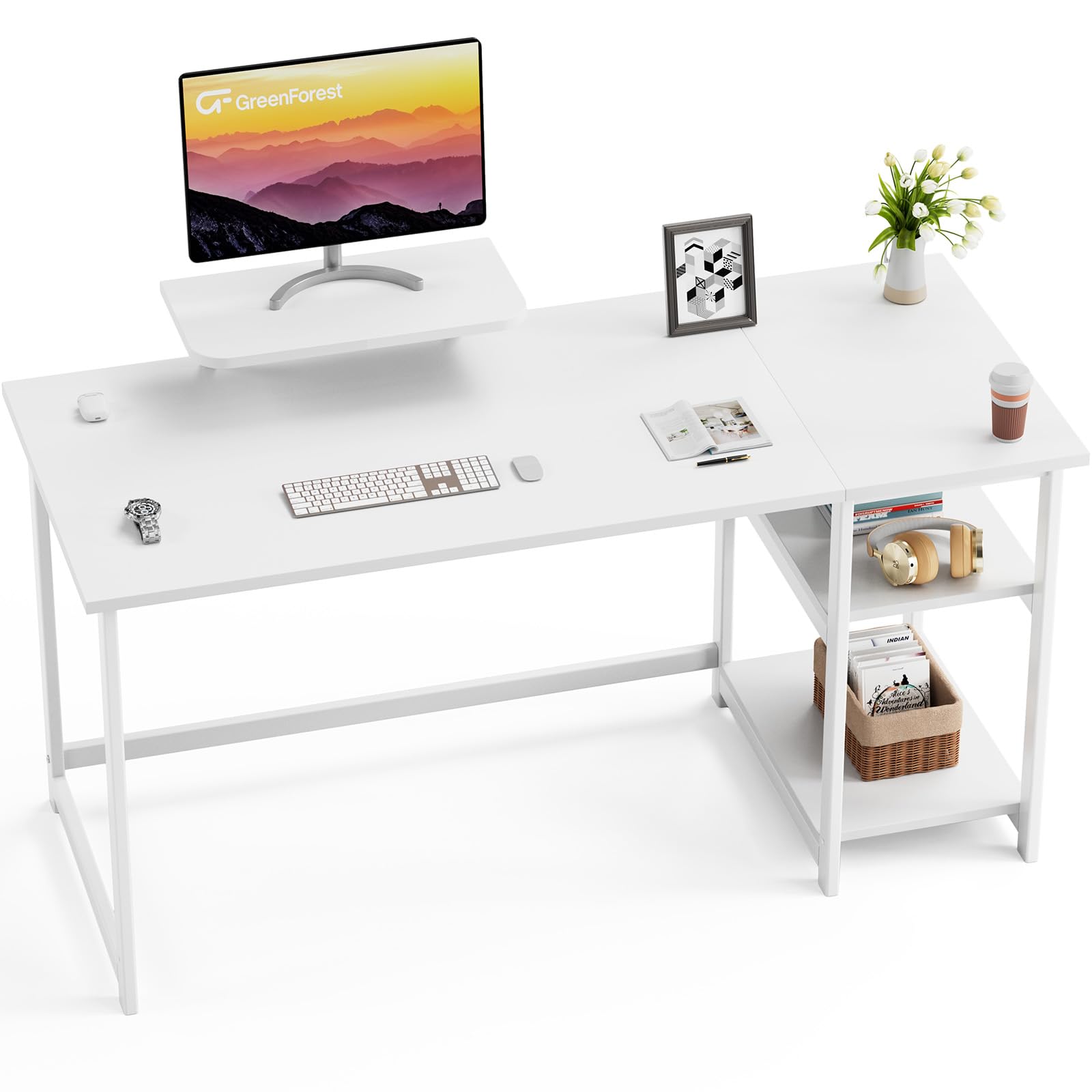 GreenForest Computer Desk with Monitor Stand,140cm Home Office Desk with Reversible Storage Shelves,Study Desk for Home and Small Spaces,Full White