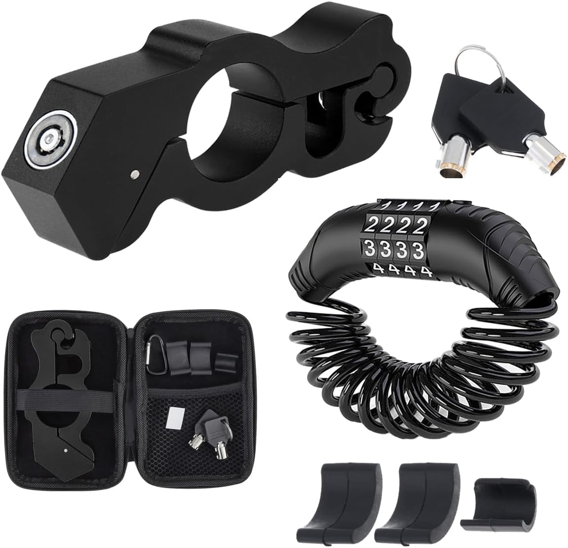 Windance Heavy Duty Motorcycle Anti Theft Kit, Handlebar Brake Lock + Combination Helmet Lock with Storage Bag for Motorbike ATV Moped Scooter (Black+Black)
