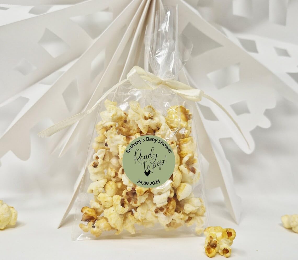 Treasured Forever Limited Sage Personalised Baby Shower Sticker Popcorn Favour Sweet Bags - Ready To Pop - Popcorn Sweet Favour Bags - Baby Shower Favours - 10 Set