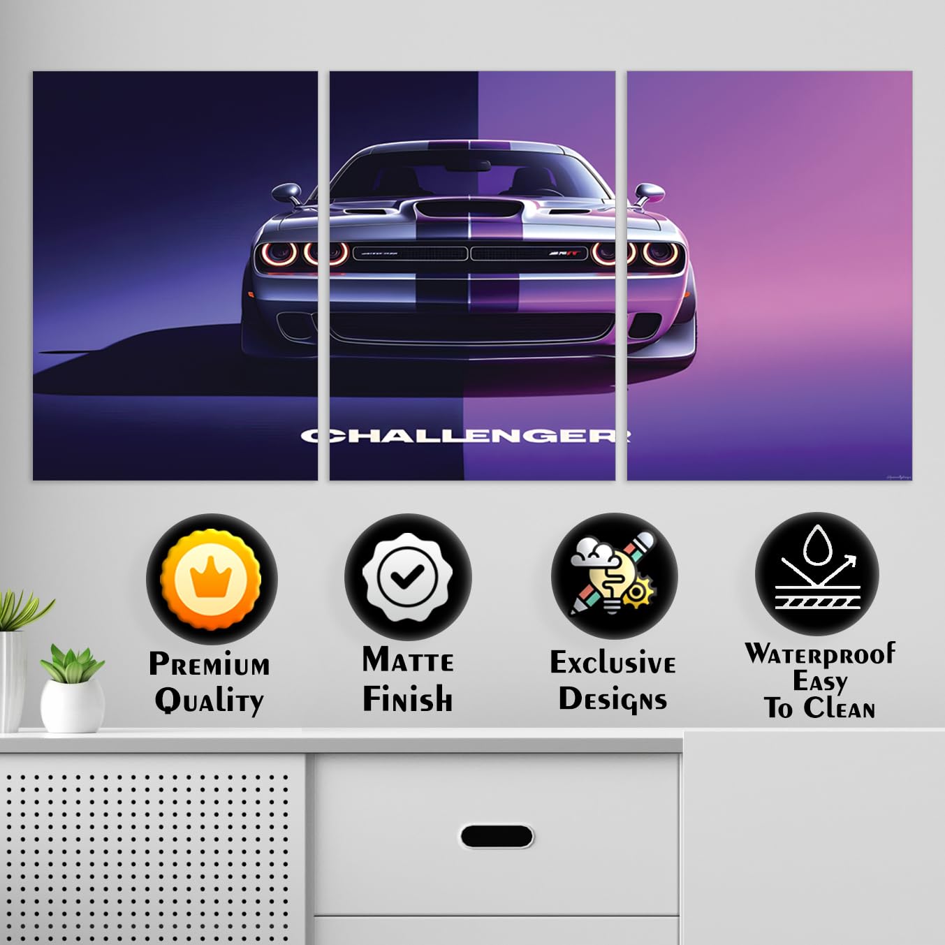 FUSION CITY Dodge Challenger Car Split Wall Poster Set of 3 (36x18