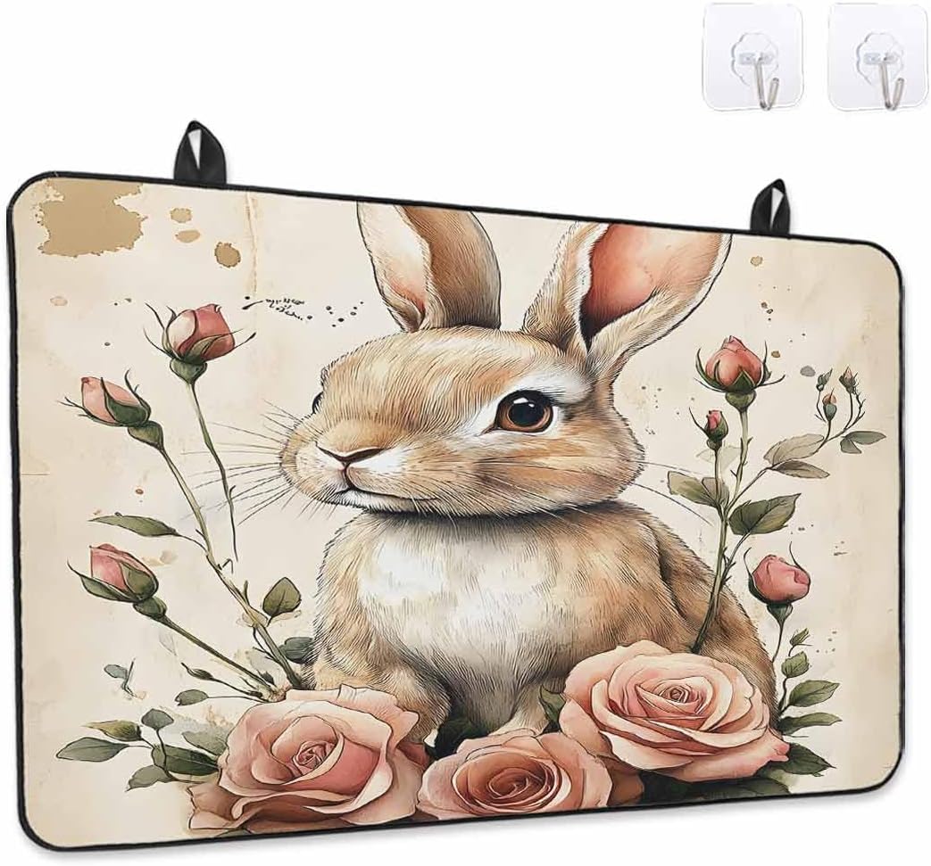 Easter Bunny Stove Cover for Electric Stove, Vintage Watercolor Cartoon Rabbit Pink Roses Floral Leaf Stove Top Cover for Glass Top, Heat Insulation Rubber Mat Foldable Cooktop Top Protector, 24"x21"