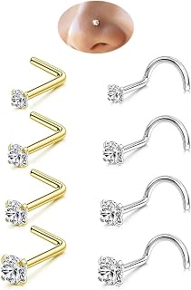 Nose Studs 8-Pack, L-Shape & Corkscrew, Gold/Silver, 1.5–3mm