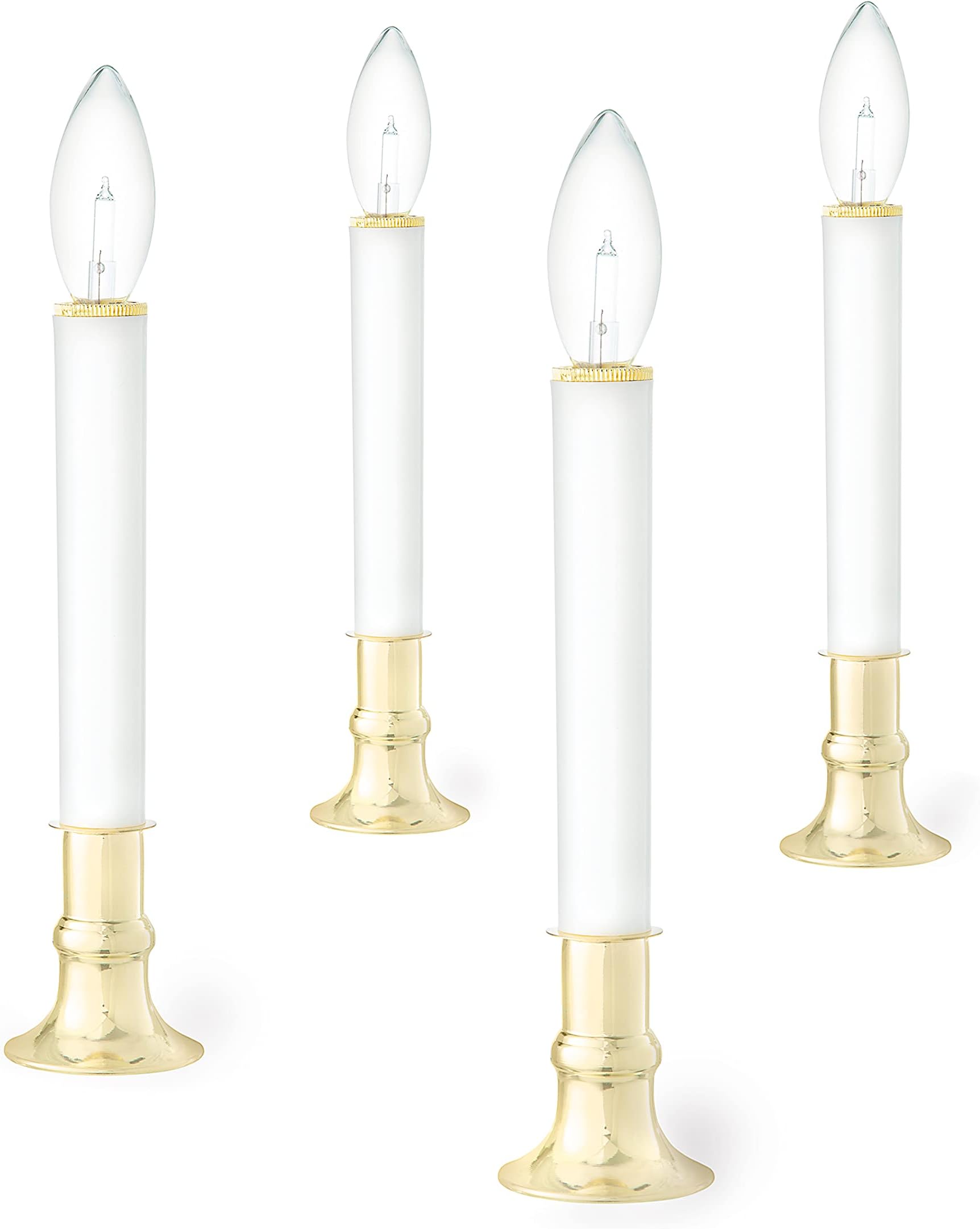 JULIE ANN HOME Battery Operated Candle Lamps, Set of 4 | Flameless Window Candles with Brass Plated Base and Twist On/Off Warm White Light Bulb | 9-Inch Candlesticks for and Holiday Lighting