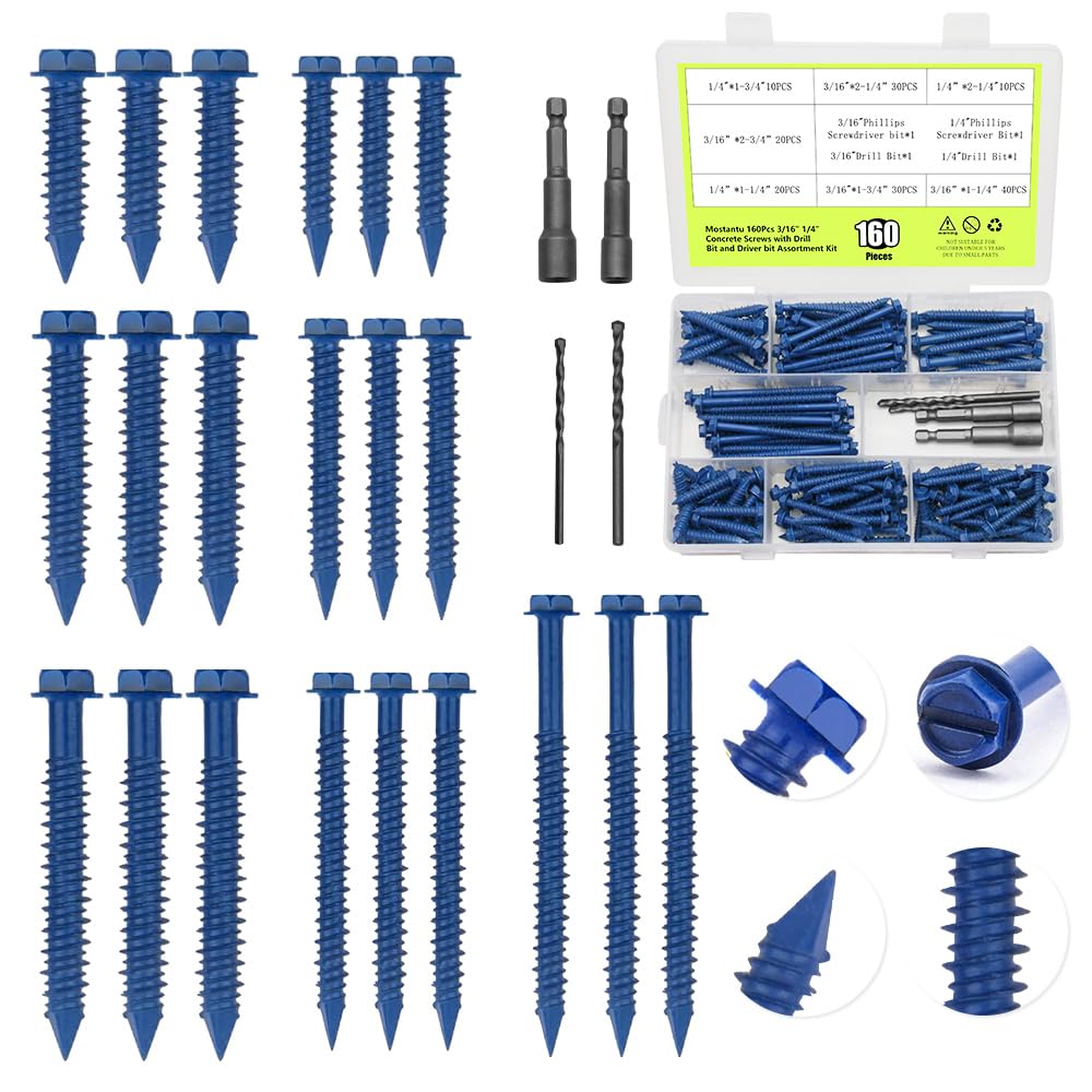 Mostantu 160Pcs 1-1/4" to 2-3/4" Concrete Screws with Drill Bit and Driver bit Kit, Hex Head Concrete Cement Screws Anchor for Anchoring to Masonry, Block or Brick Stucco (1-1/4" to 2-3/4")