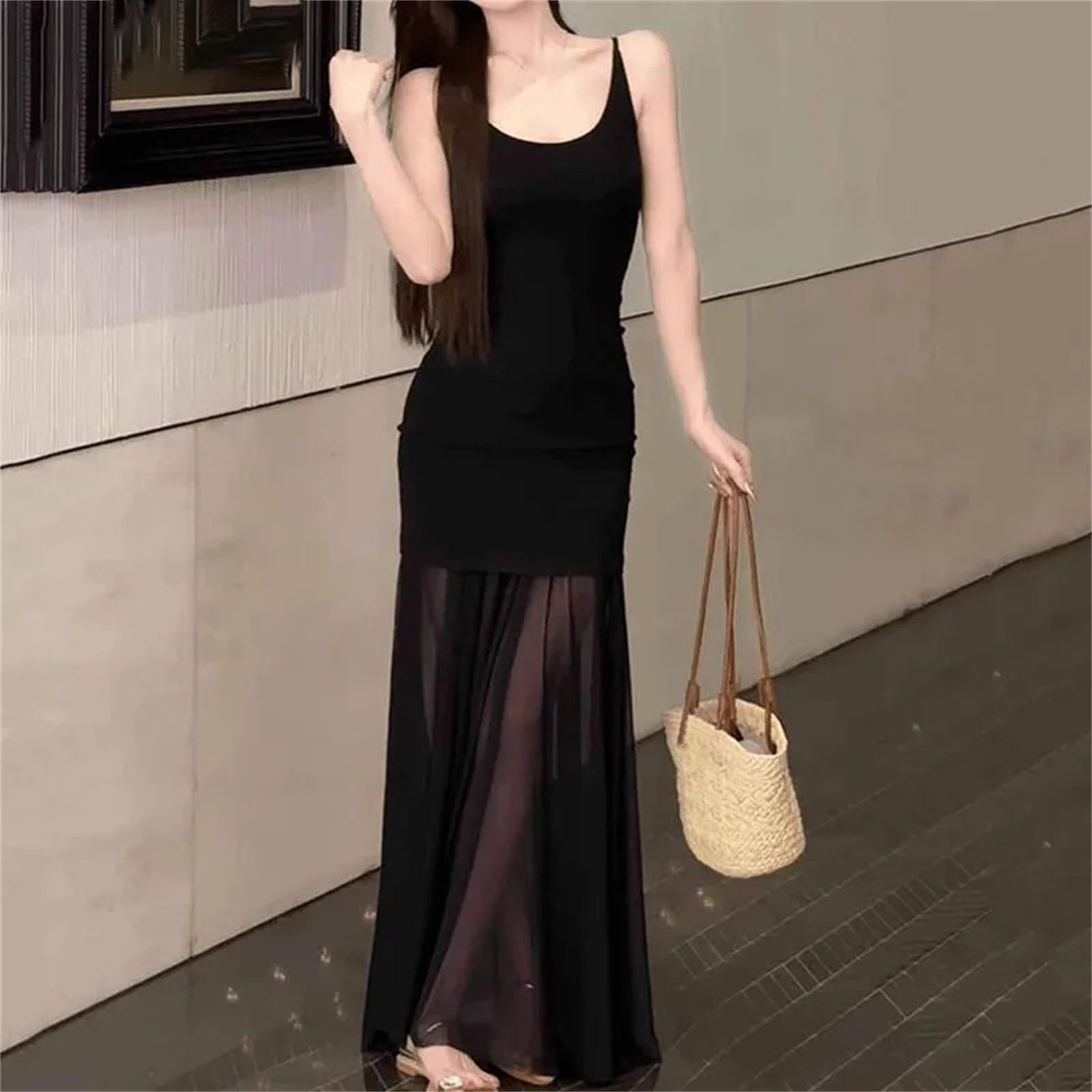 Robe longue à bretelles spaghetti pour femme - En maille transparente - Noir - Pour fête sexy