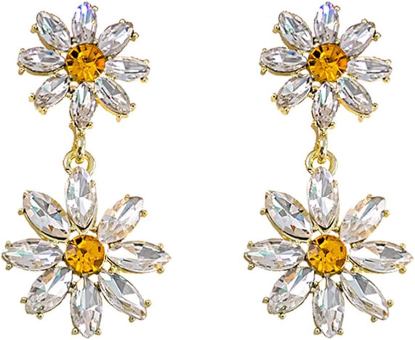 Daisy Flower Earrings for Women Glitter Crystal White Floral earrings Double Flower Drop Dangle Summer Earring Jewelry for Prom Party