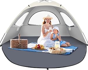 Beach Tent for 3-4 Person, Lightweight Beach Tent Sun Shelter with UV Protection, 3 Mesh Roll Up Windows & 8.0mm Fiberglass, Easy Assemble
