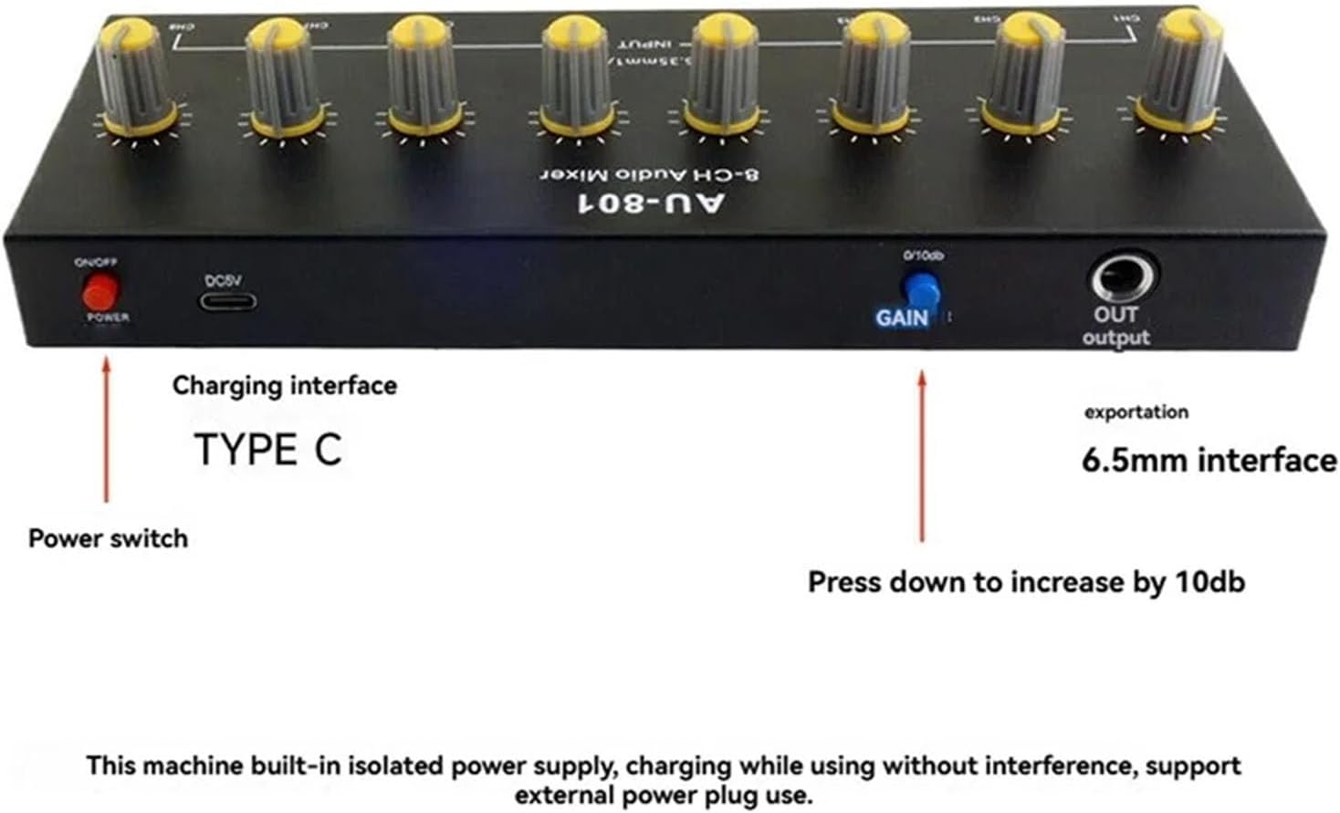 Audio Mixer 8 Input 1 Output Sound Mixer Rechargeable Mixing Console for Home
