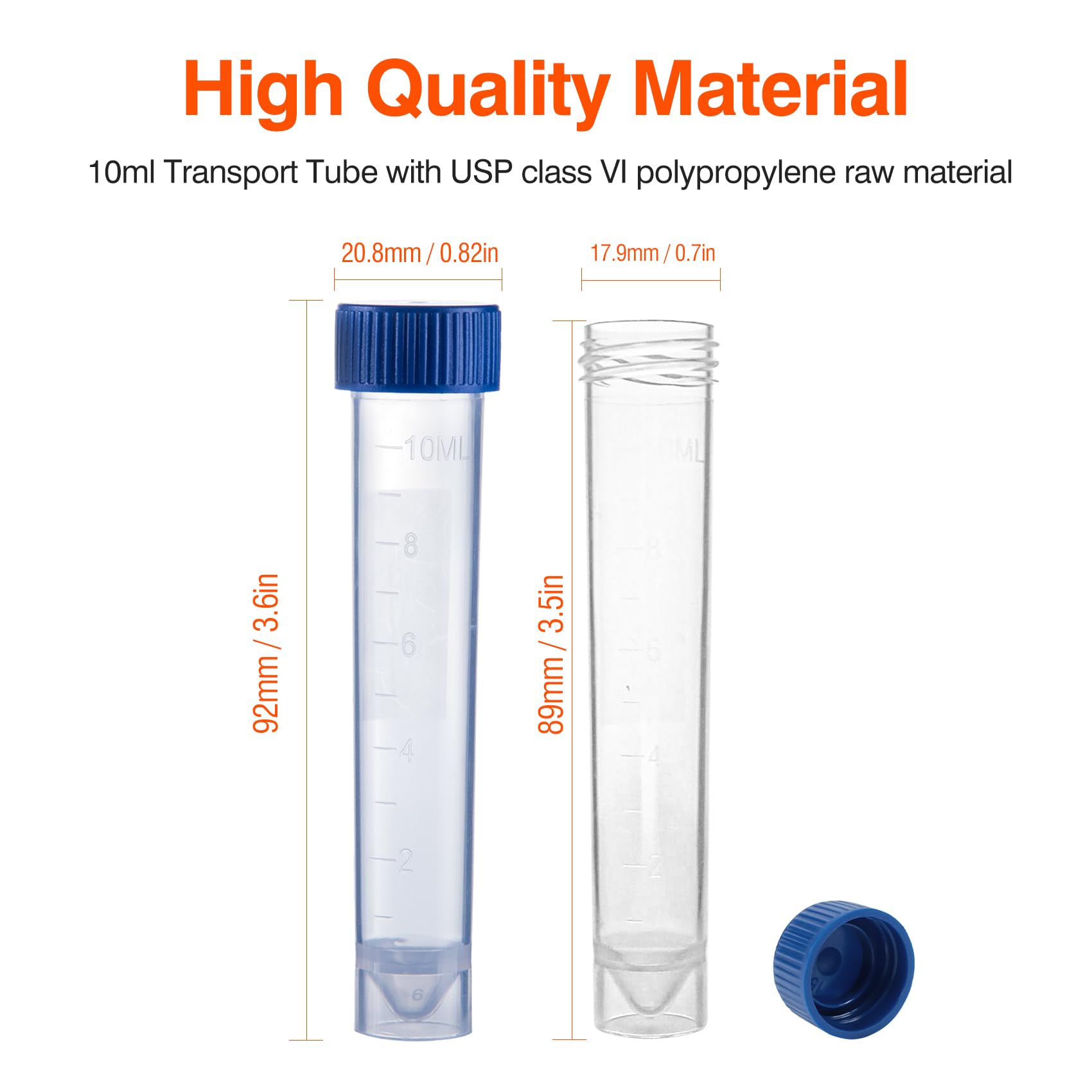 PEKYBIO Tubo de transporte estéril, capacidad de 10 ml, graduaciones moldeadas, fondo cónico, autosuficiente, con tapa de rosca azul, caja de 100 unidades