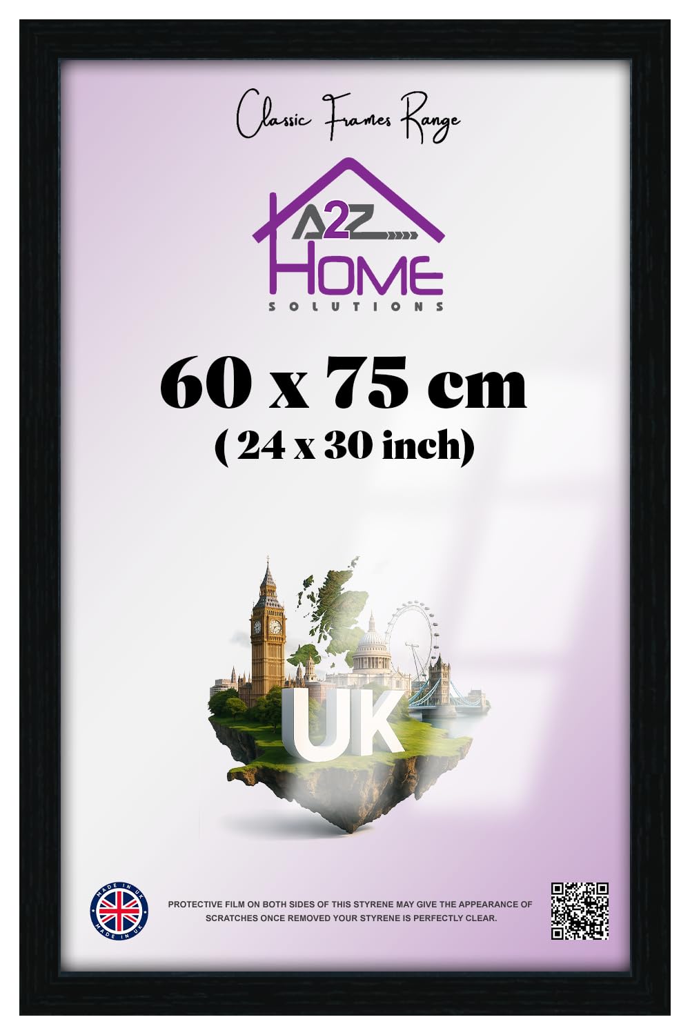 A2Z Home Solutions Large Black Poster Frame 60x75cm | MDF Wood with Clear HD Styrene Front | 24x30 Inch Frame for Prints & Artwork | Home & Office Décor | Made in UK Premium Collection | Black