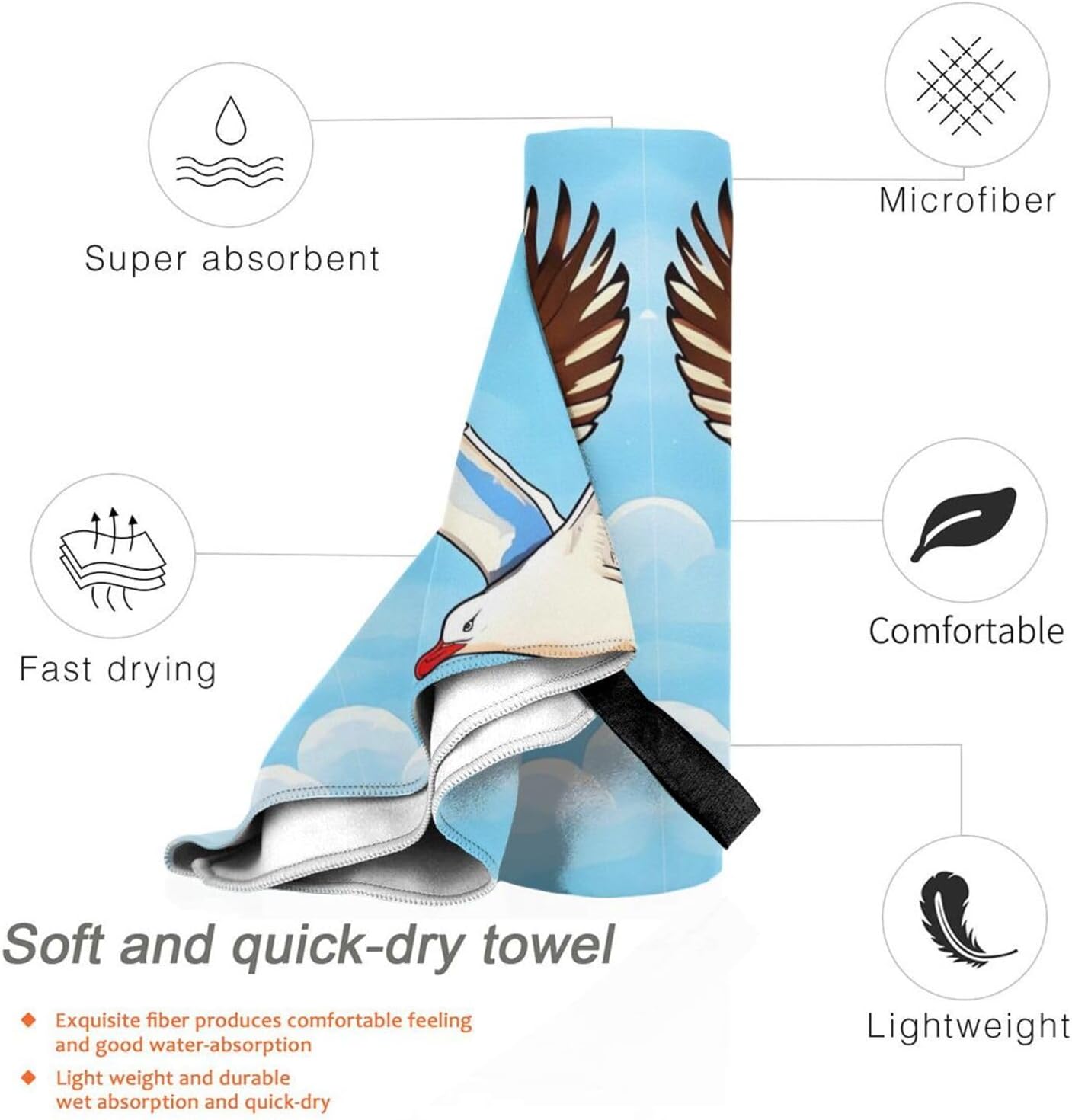 Large Quick Dry Beach Towel Flying Seagulls Printing Microfiber Camping Towels Super Absorbent Travel Beach Towels for Traveling,Hiking,Swimming, Bath,Sports,Yoga (27.5""X55""), White