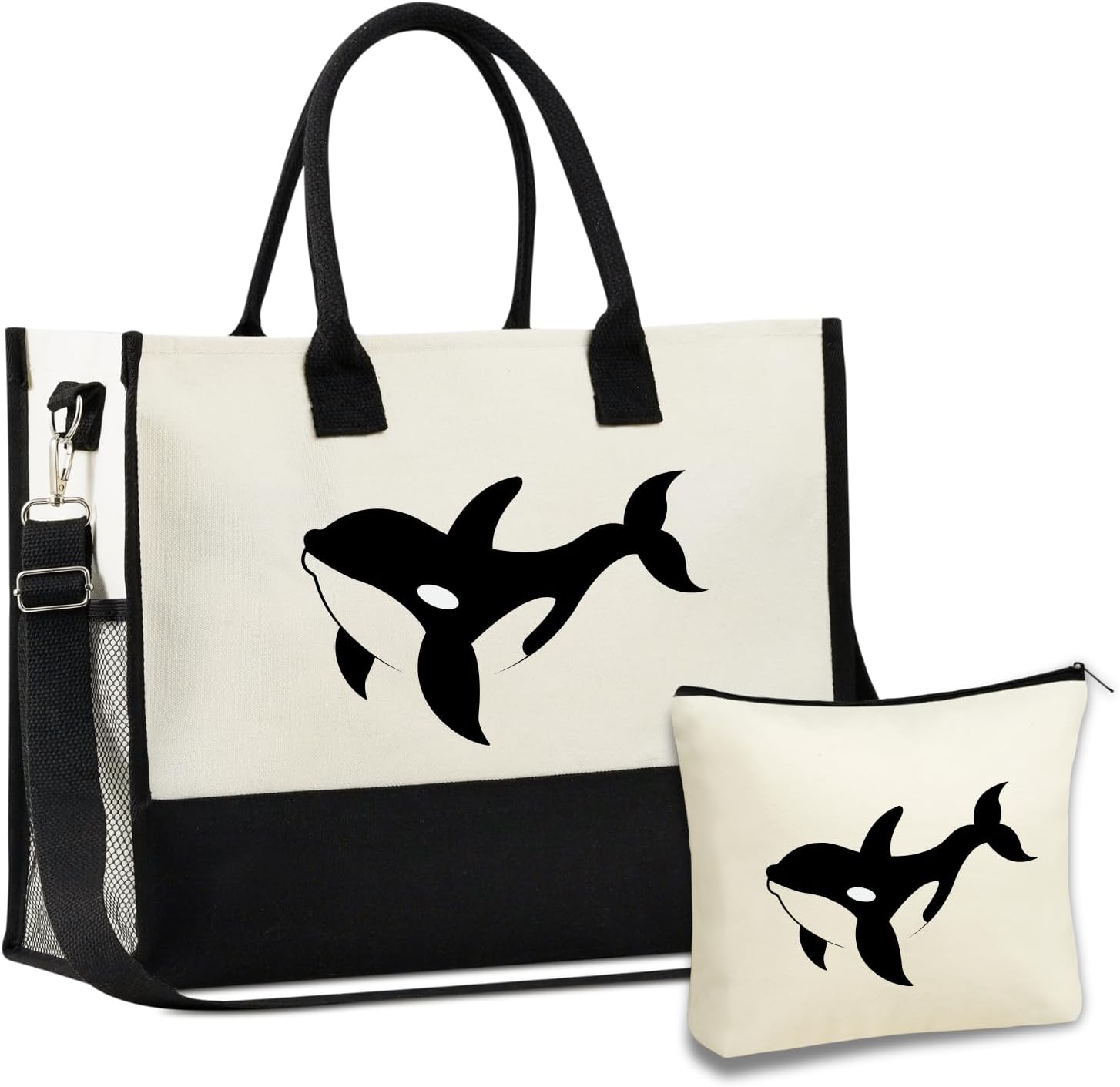 InnoBeta Orca Gifts for Women, Orca Whale Themed Tote Bag with Makeup Pouch Set, Gift for Whale Lovers on Christmas, Birthday