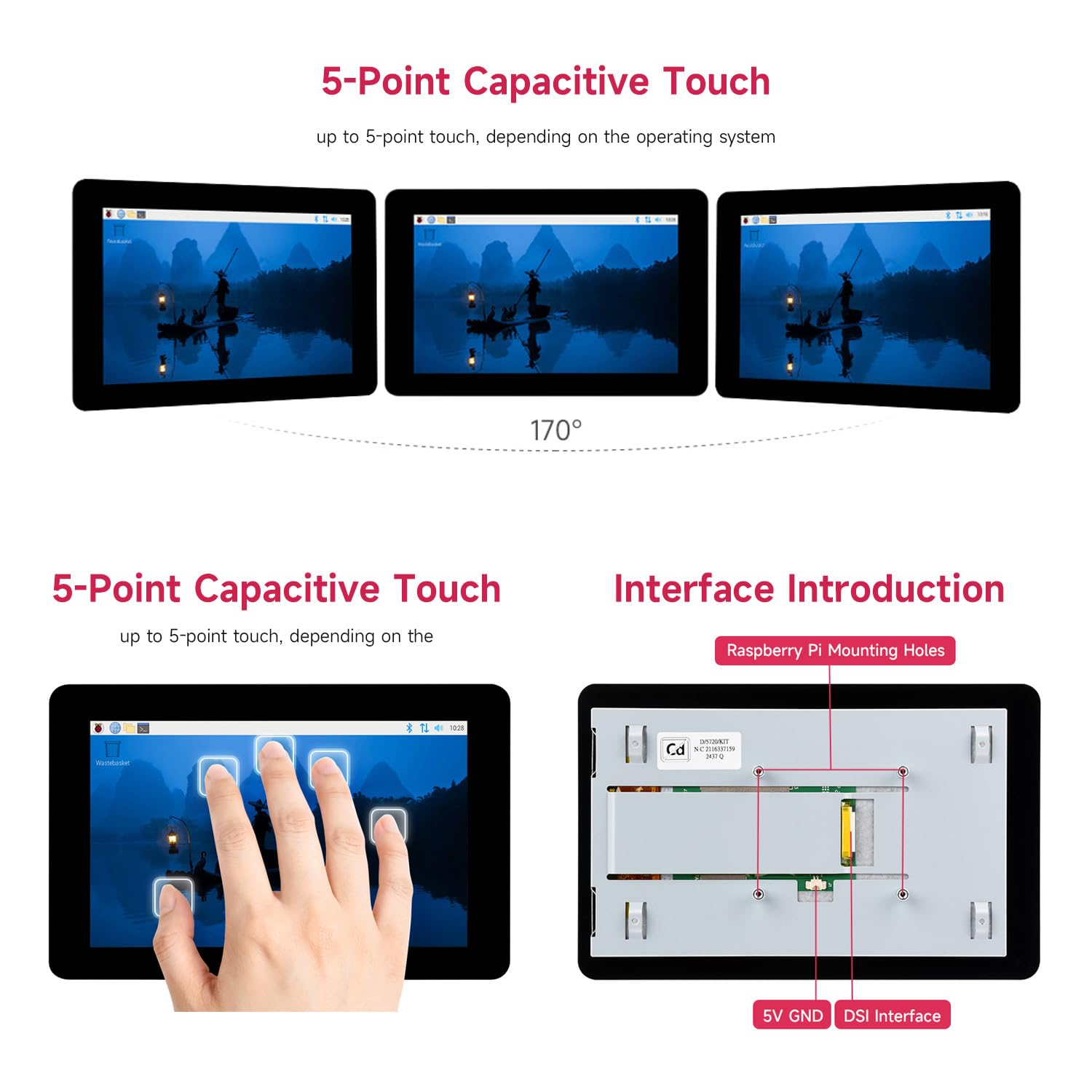 Waveshare Official Pi 7inch Raspberry Pi Touch Display 2 With White Case, 720 x 1280, IPS, DSI Interface, 5-Point Touch