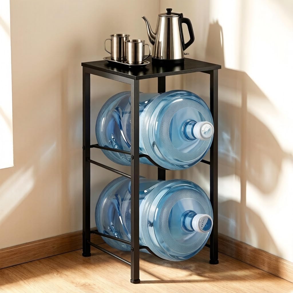 5 Gallon Water Jug Holder 2 Tier Water Bottle Holder Organizer with Top Shelf Heavy Duty Water Storage Rack Dispenser Stand for Kitchen Office Garage Black