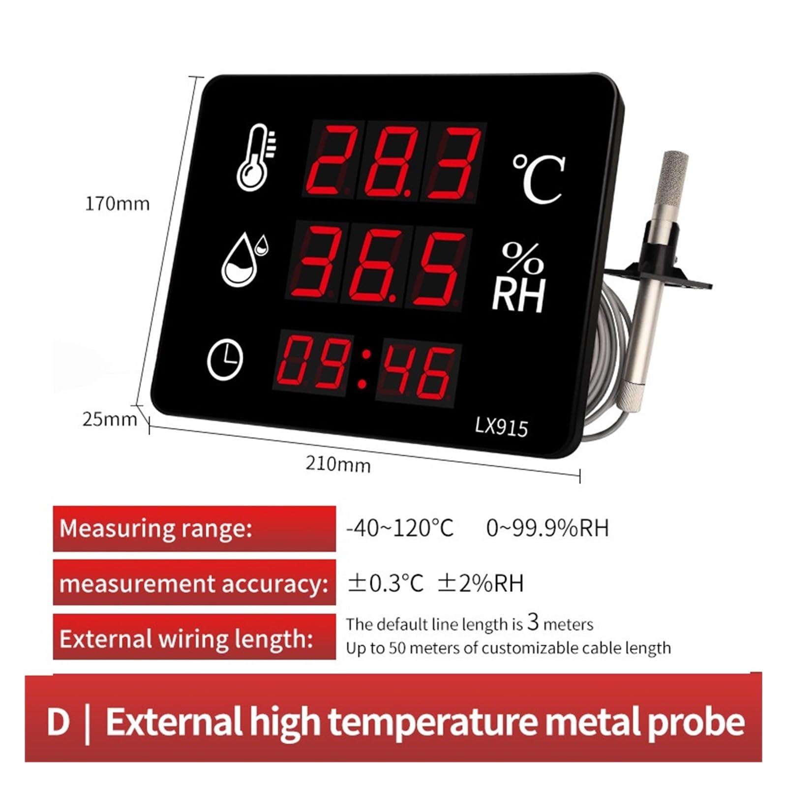 Poolthermometer Digitales Hygrometer Outdoor Indoor Sauna Thermometer Mit Alarm Digitale Wanduhr Temperaturmesser Und Sensor Einfach Zu Bedienen(LX915D)