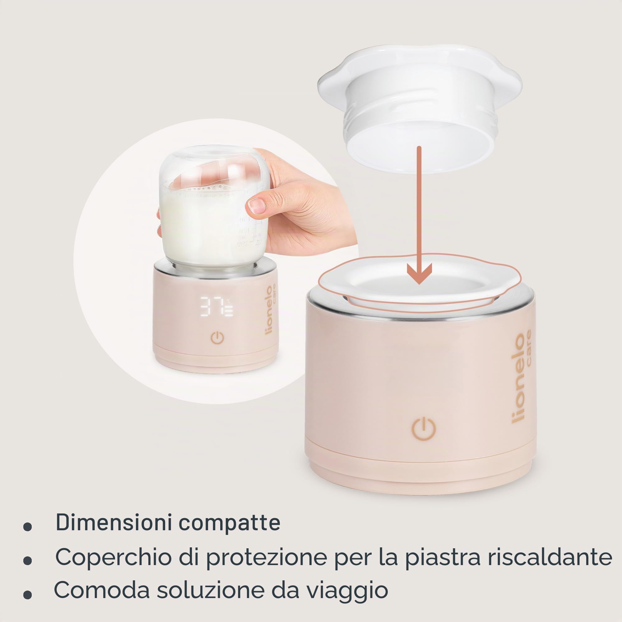 Lionelo THERMUP SWIFT Scaldabiberon Portatile per Neonato da Viaggio, BPA Free, Contenitore Latte 180 ml, 4 Temperature 37-50 °C, USB-C senza Fili, 5000 mAh, Riscaldamento 90 ml in 3 min, 5 Adattatori
