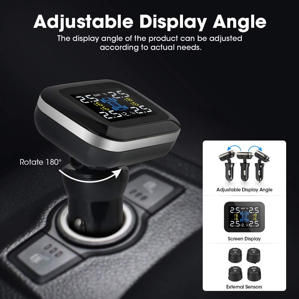 Tpms Sistema di Allarme for la Pressione dei Pneumatici Digitale USB Universale Wireless for Auto con 4 sensori Esterni Interni Pressione Pneumatici(External sensors,TYD10)