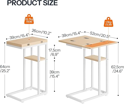 Miniatura 21 de HOOBRO Mesa auxiliar plegable, mesa auxiliar en forma de C con estante de almacenamiento, pequeña mesa de aperitivos adecuada para sala de estar,