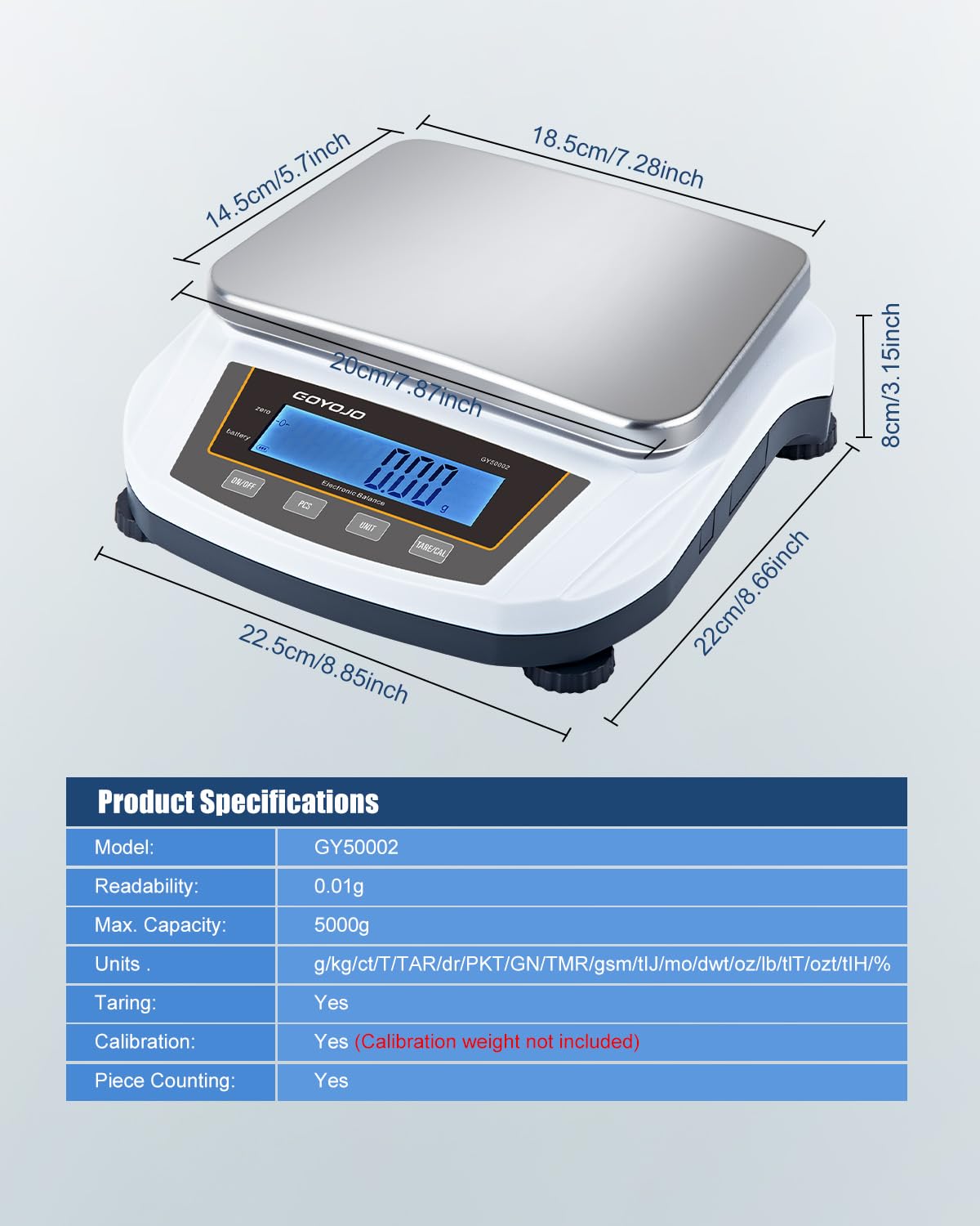 Product dimensions and specifications table for GOYOJO balance