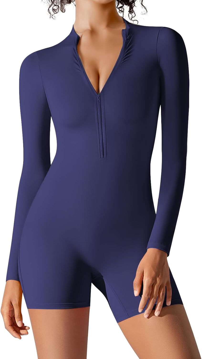 JBT Women Workout Jumpsuit One Piece Zip Up Rompers Long Sleeve Tummy Control Yoga Gym Bodysuit Bodycon - Image 2