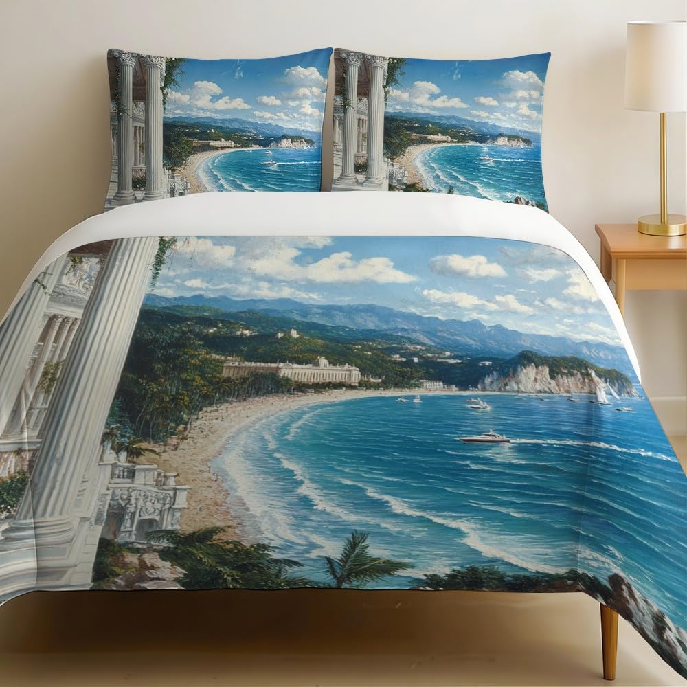 Housse de couette 240x260 bleu moderne au toucher soie motif tropical et architecture