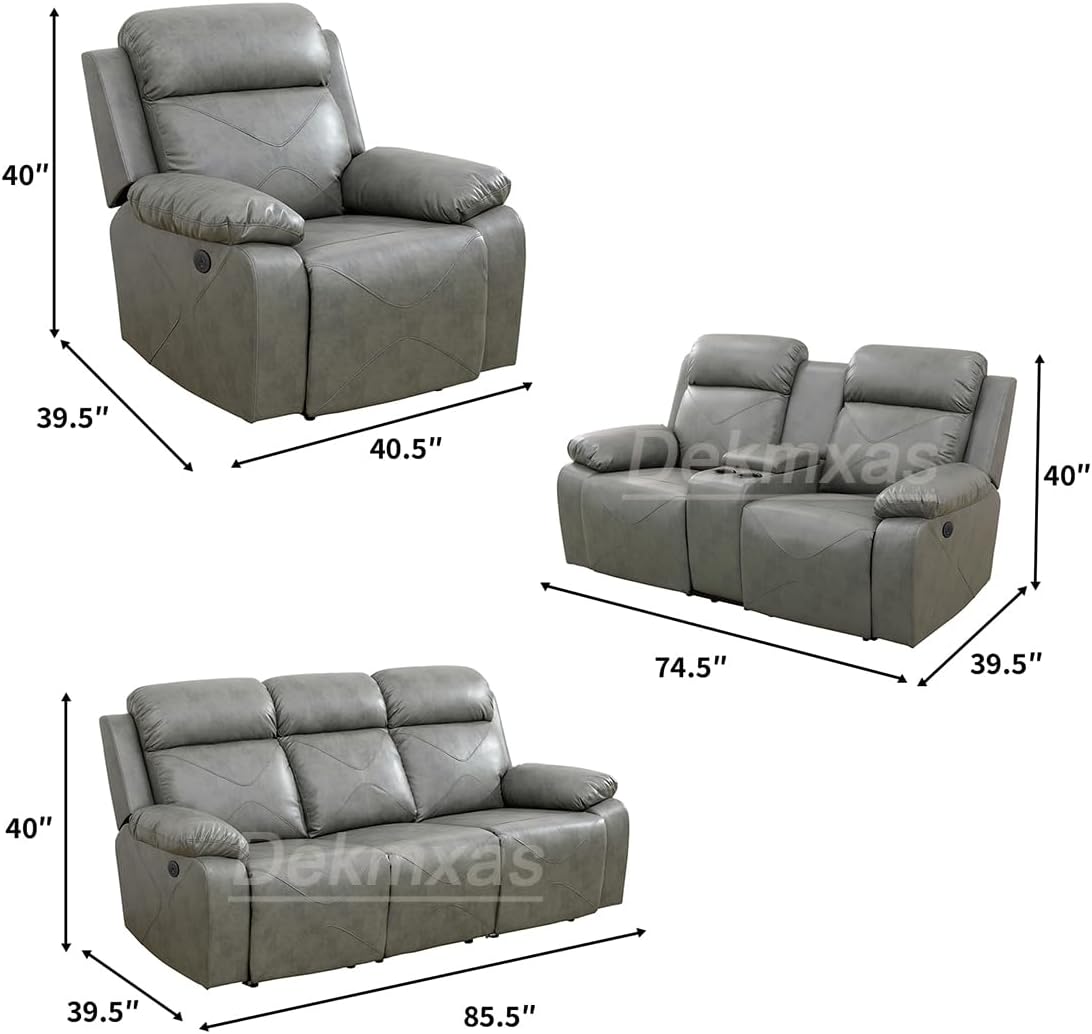 Furniture Recliner Loveseat Gray Manual Adjustable Leather Couch Living Room Loveseat with Storage Console/Cup Holders/LED Light/USB Port for Living Room, Office(Grey)