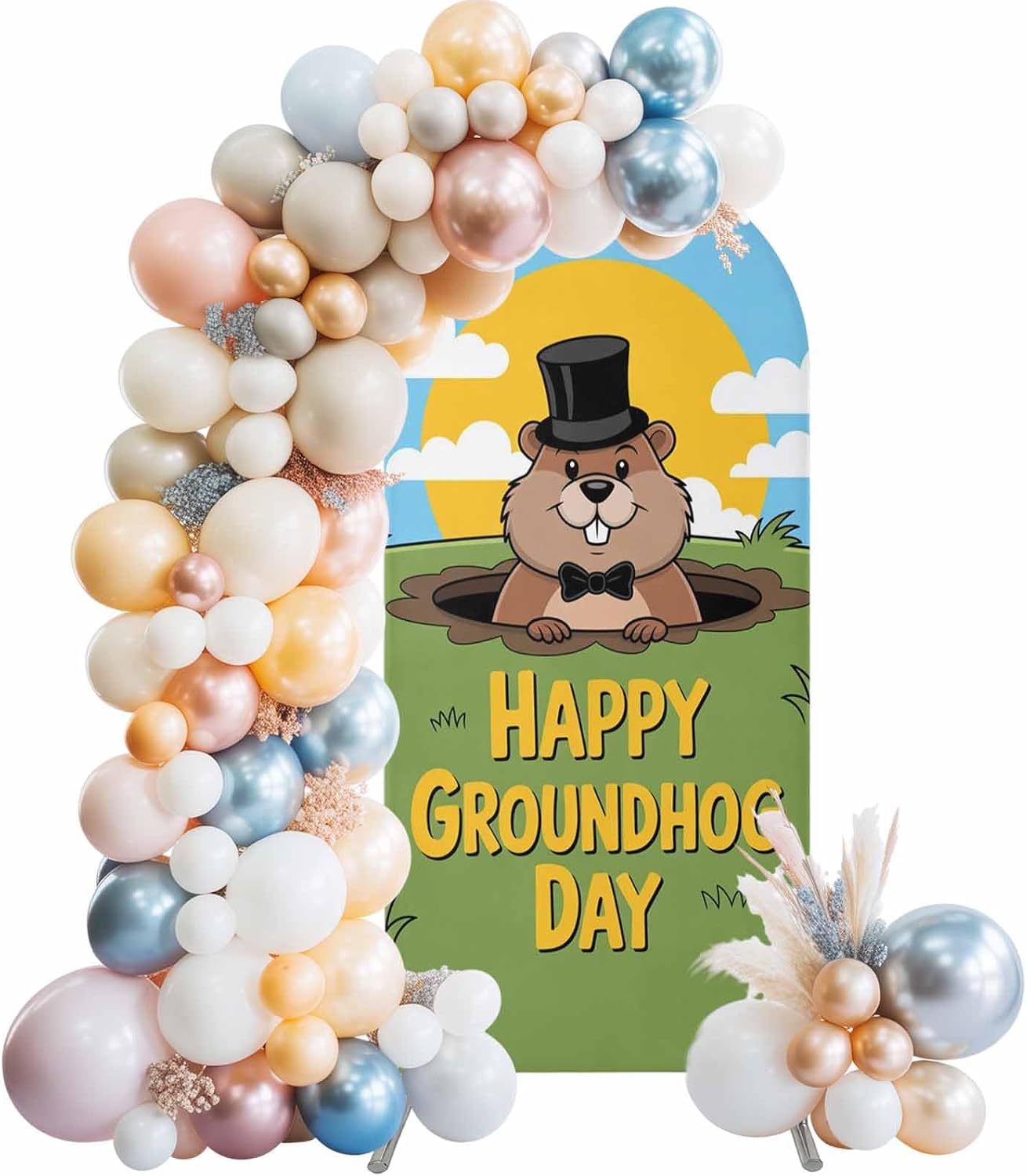 5FT Arch Backdrop Covers, Happy Groundhog Day Wedding Arch Cover Stretchy, Cartoon Ground Hog Grass Sun Sky Blue Chiara Arches Backdrop Stand Covers for Birthday Baby Shower Party Banquet Decor