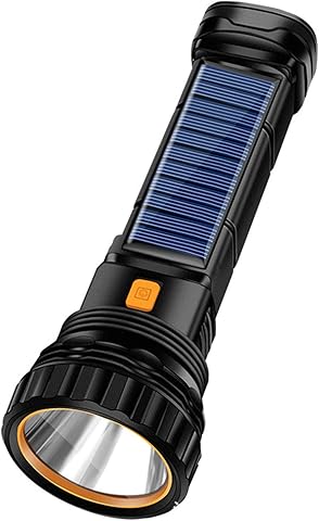 Linterna LED solar recargable de 1000 lúmenes, haz alto/bajo, panel solar integrado que carga interior o exterior, cable USB incluido para carga rápida