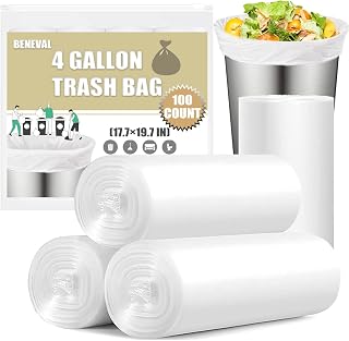 BENEVAL 4 Gallon Small Trash Bags, 100 Count Leak-Proof White Garbage Bags for Office, Bedroom, Bathroom - Sturdy Can Liners